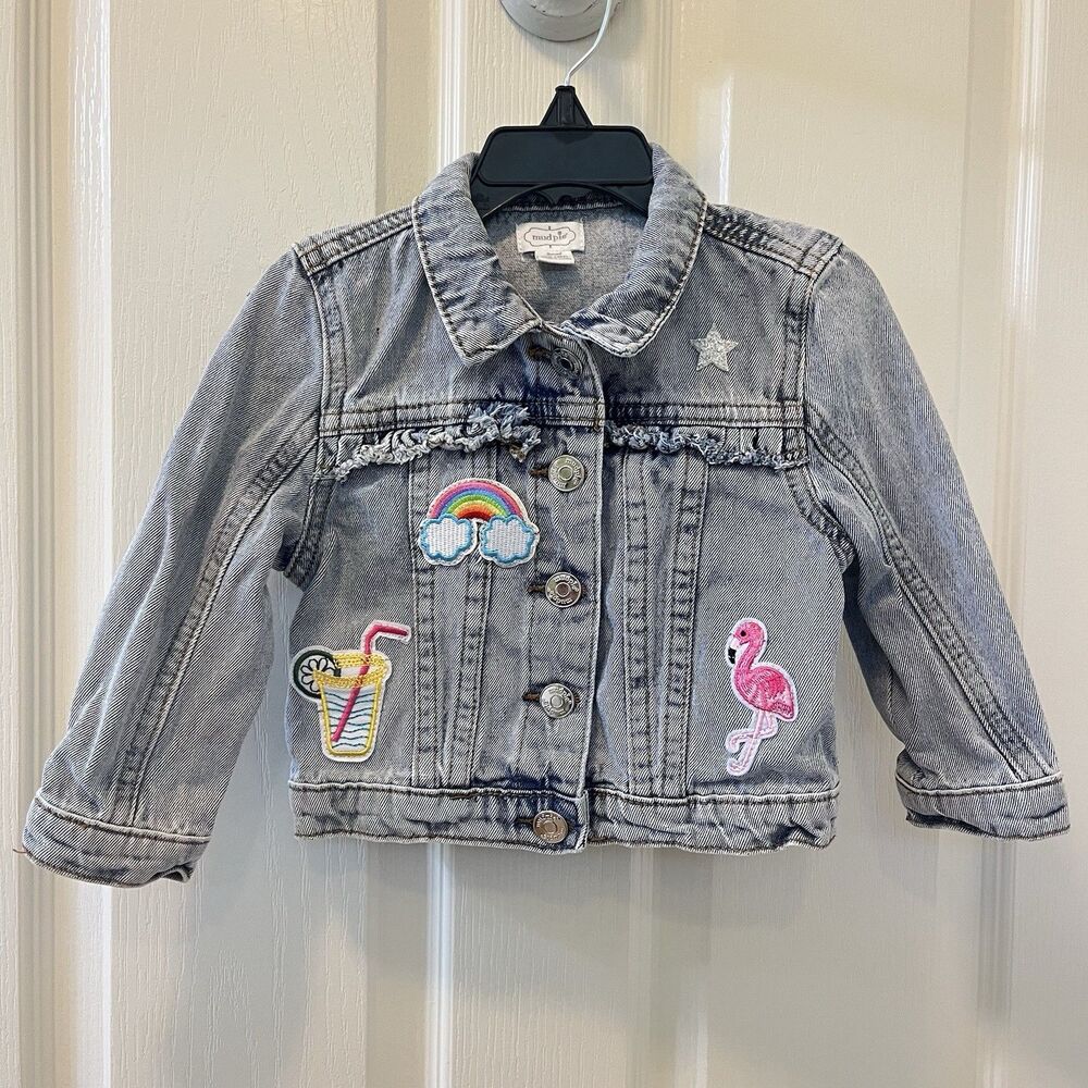 Mud Pie Denim Jean Jacket Ruffle Patches Girls Size Small 12-18 Months